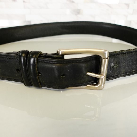 Belt‎ Mens Medium Black Dress Genuine Leather Silver Buckle Frame Solid Handmade - Picture 1 of 11